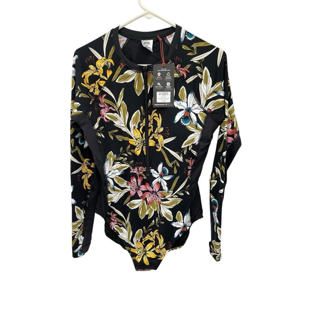 Long Sleeve Floral One-Piece Swimsuit - Black/Pink/Yellow